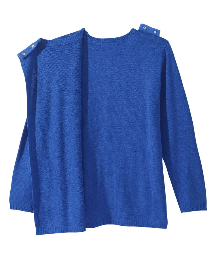 June Adaptive Women's Cardigan in Royal Blue, displayed flat, showcasing the full design and buttoned front