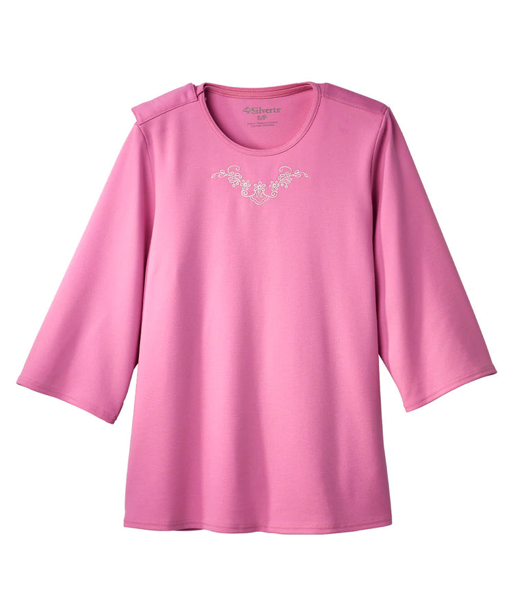 Women's 3/4 Sleeve Embroidered top with Back Overlap