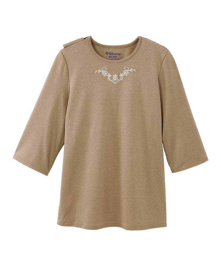 Women's 3/4 Sleeve Embroidered top with Back Overlap