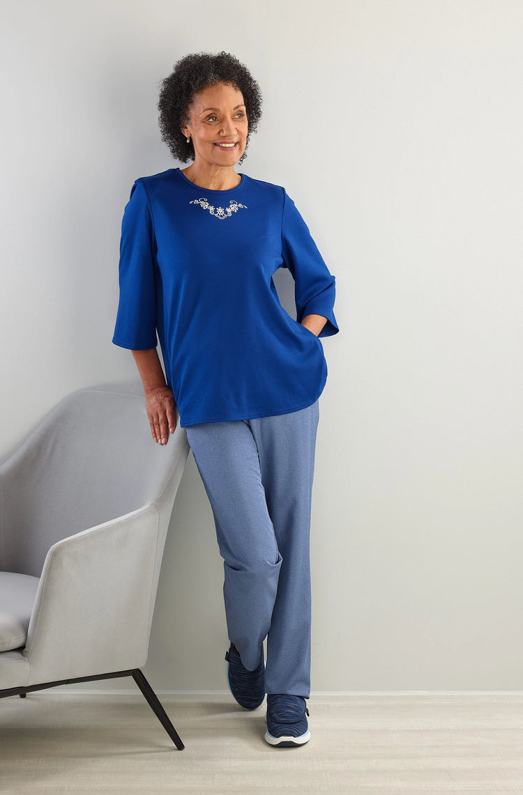 Women's 3/4 Sleeve Embroidered top with Back Overlap