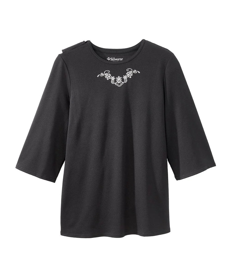 Women's 3/4 Sleeve Embroidered top with Back Overlap