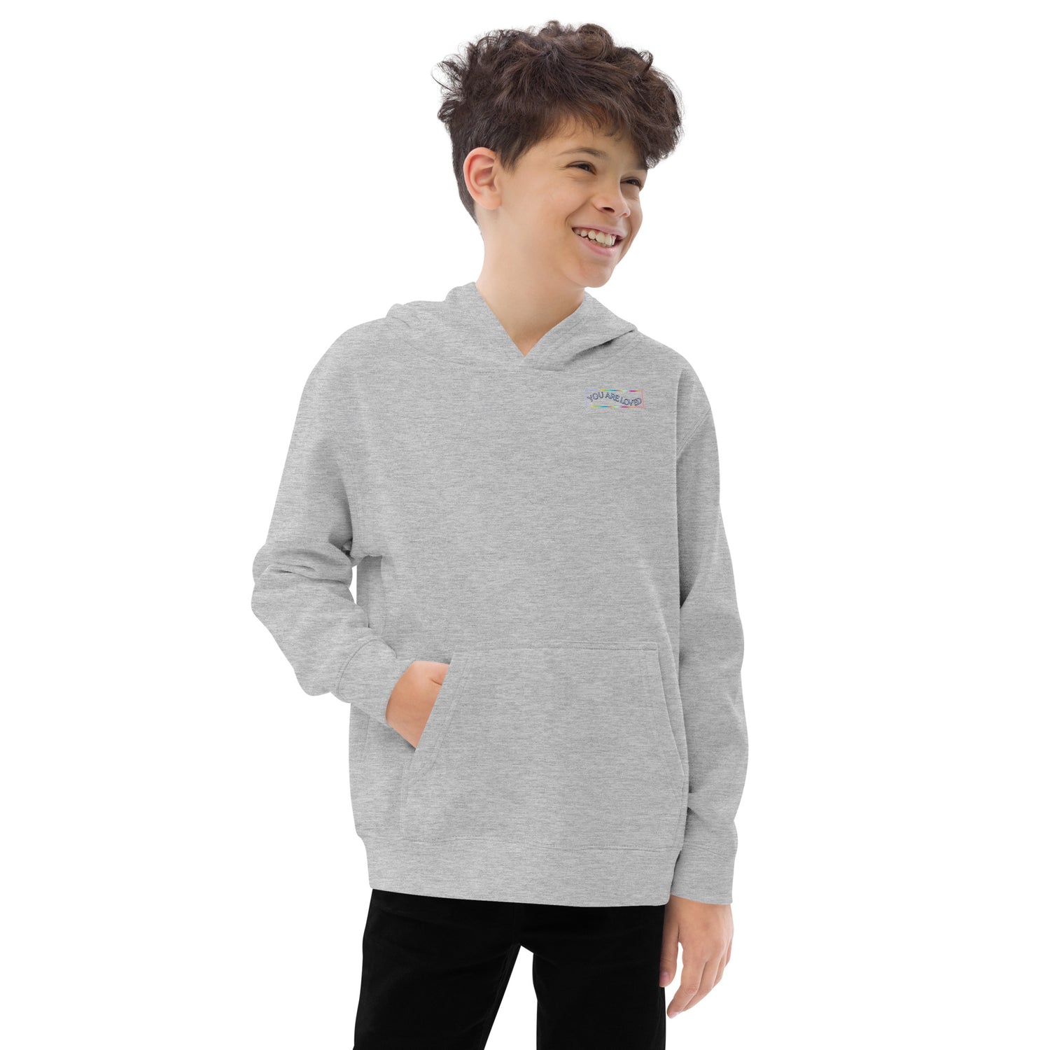 Grey Kidswear hoodie with pockets at front features a vibrant design that says "You're loved".