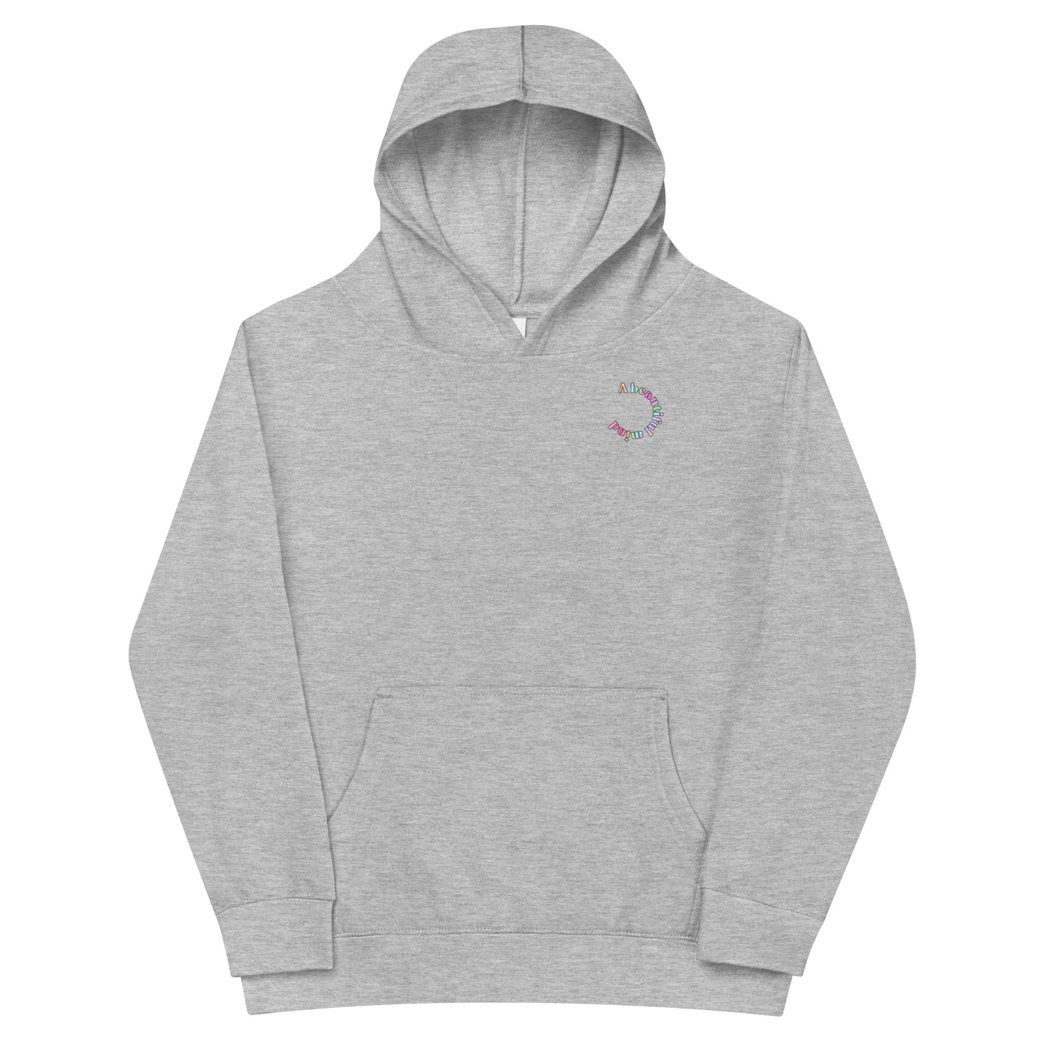 Grey Kidswear hoodie featuring  " A beautiful mind" design with pockets at front.