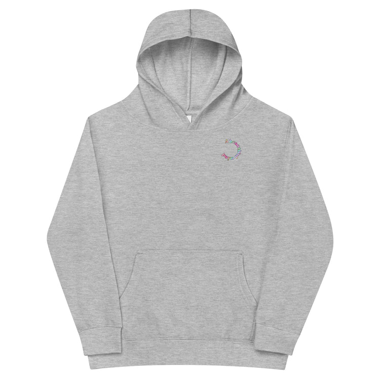Grey Kidswear hoodie featuring " A beautiful mind" design with pockets at front.