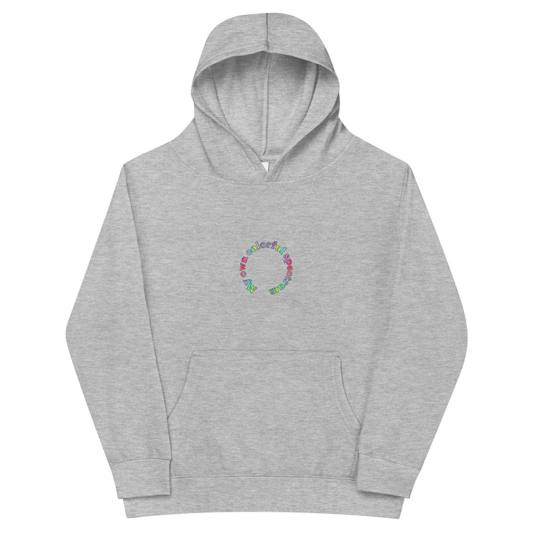 Grey Kidswear hoodie featuring a "My own colorful spectrum" design with pockets at front.