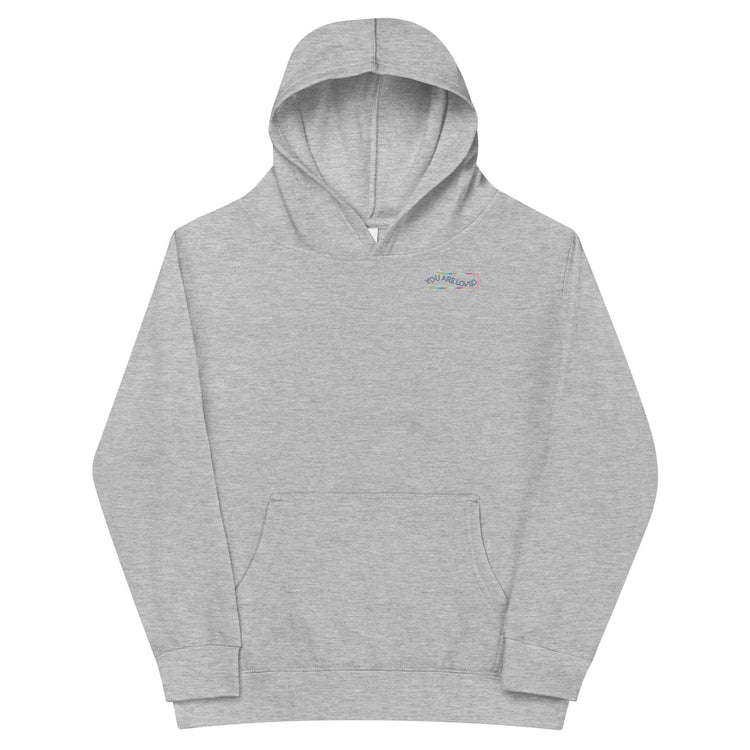 Front of Grey Kidswear hoodie features a vibrant design that says "You're loved".
