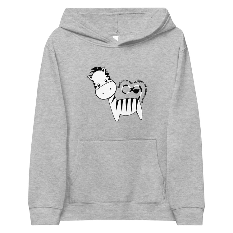 Grey Kidswear hoodie featuring a zebra print design with pockets at front.