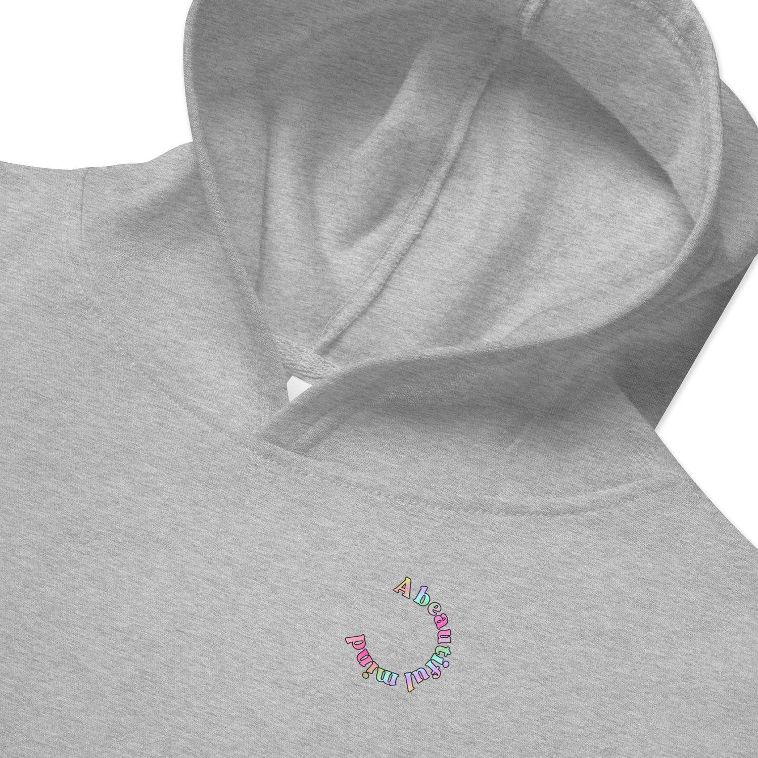 Closeup of Grey Kidswear Hoodie featuring "A beautiful mind" printed.