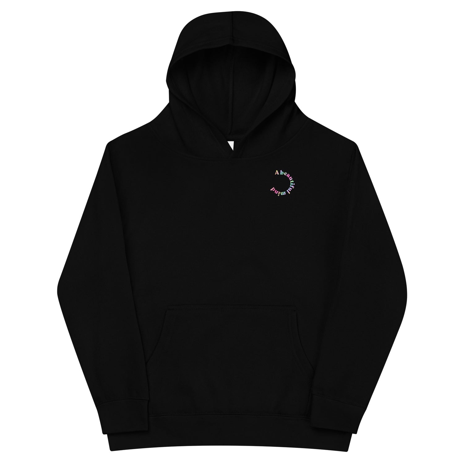 Black Kidswear hoodie featuring a "beautiful mind" design with pockets at front.