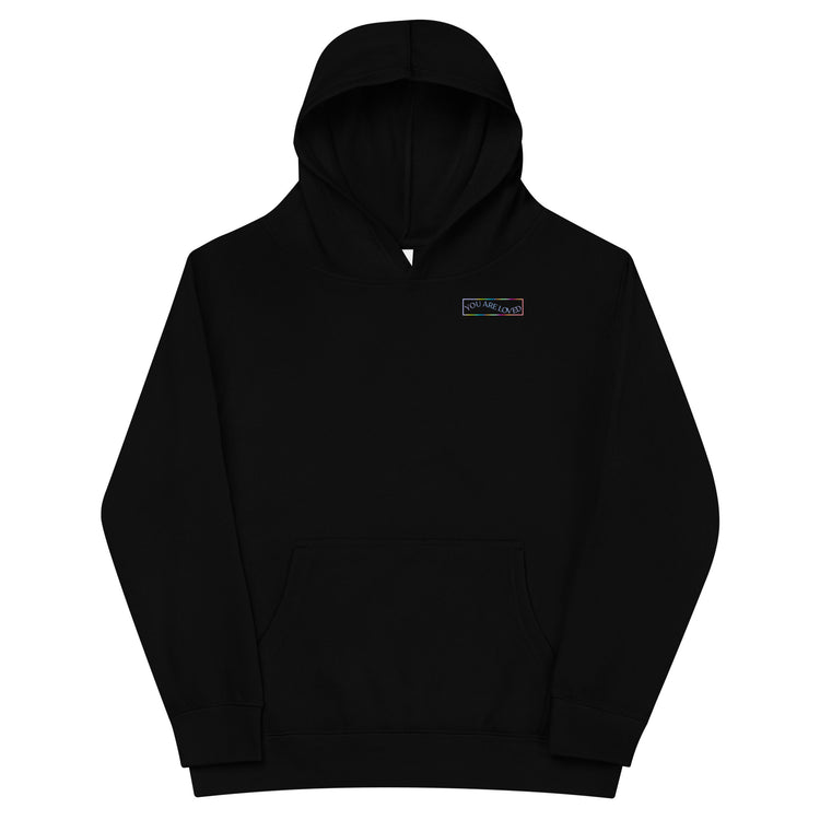 Front of Black Kidswear hoodie features a vibrant design that says "You're loved".