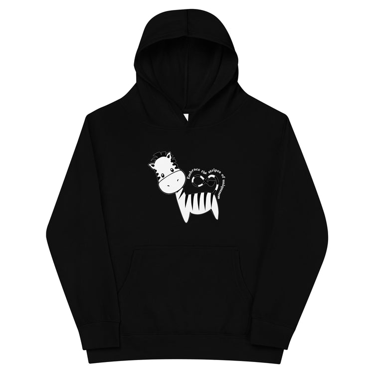 Black Kidswear hoodie featuring a zebra print design with pockets at front.