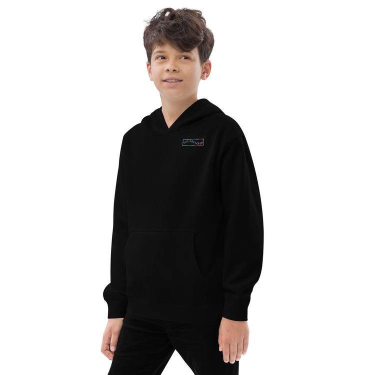 Left Front of Black Kidswear hoodie features a vibrant design that says "You're loved".