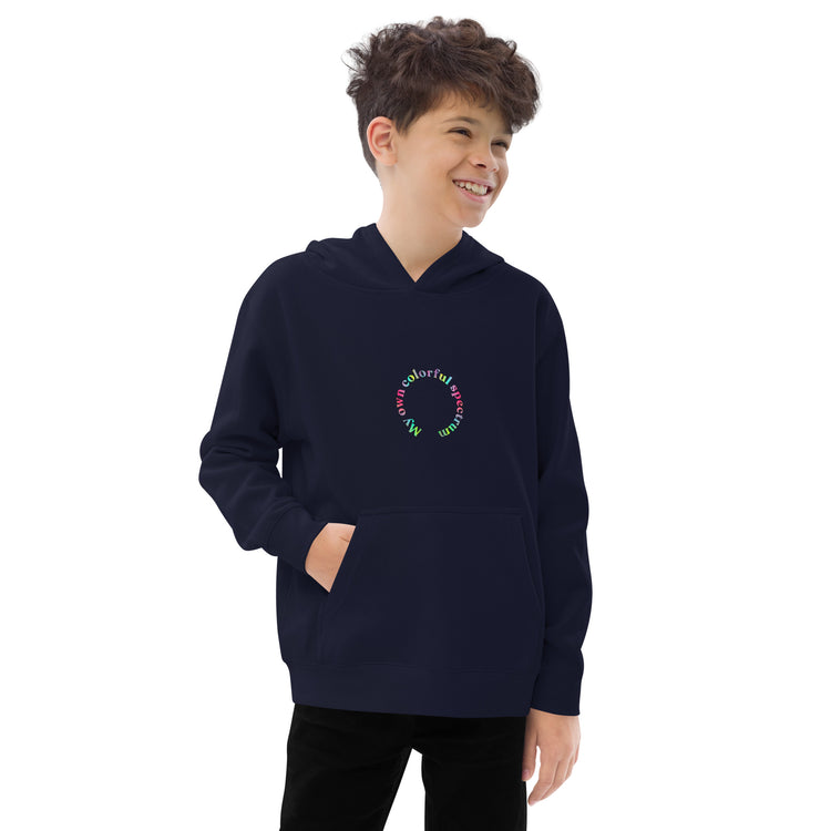 Front of Indigo Kidswear hoodie featuring " My own colorful spectrum" design.