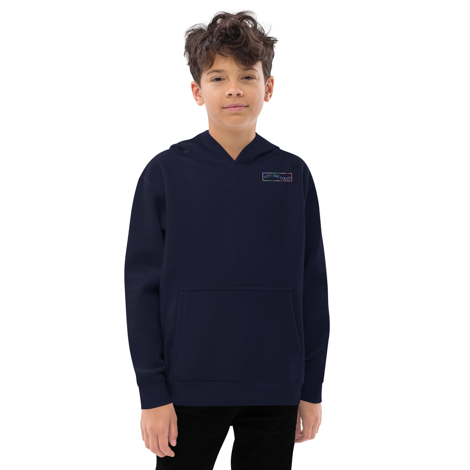 Indigo Kidswear hoodie features a vibrant design that says "You are loved".