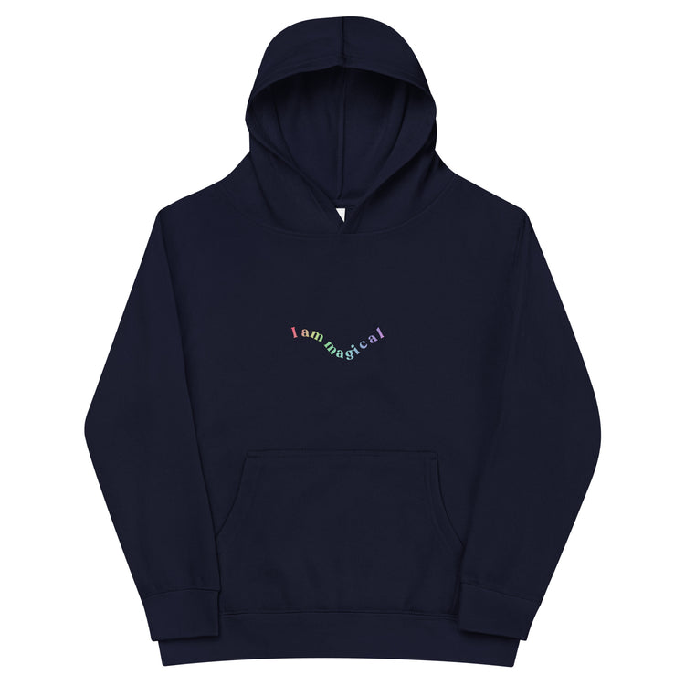 Indigo Kidswear hoodie featuring "I am magical" design with pockets at front.