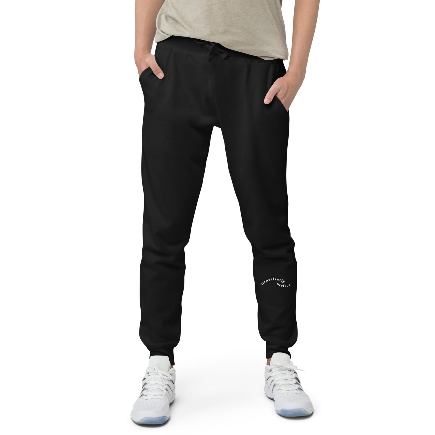 Black sweat pant featuring "Imperfectly perfect" printed on left lower leg.