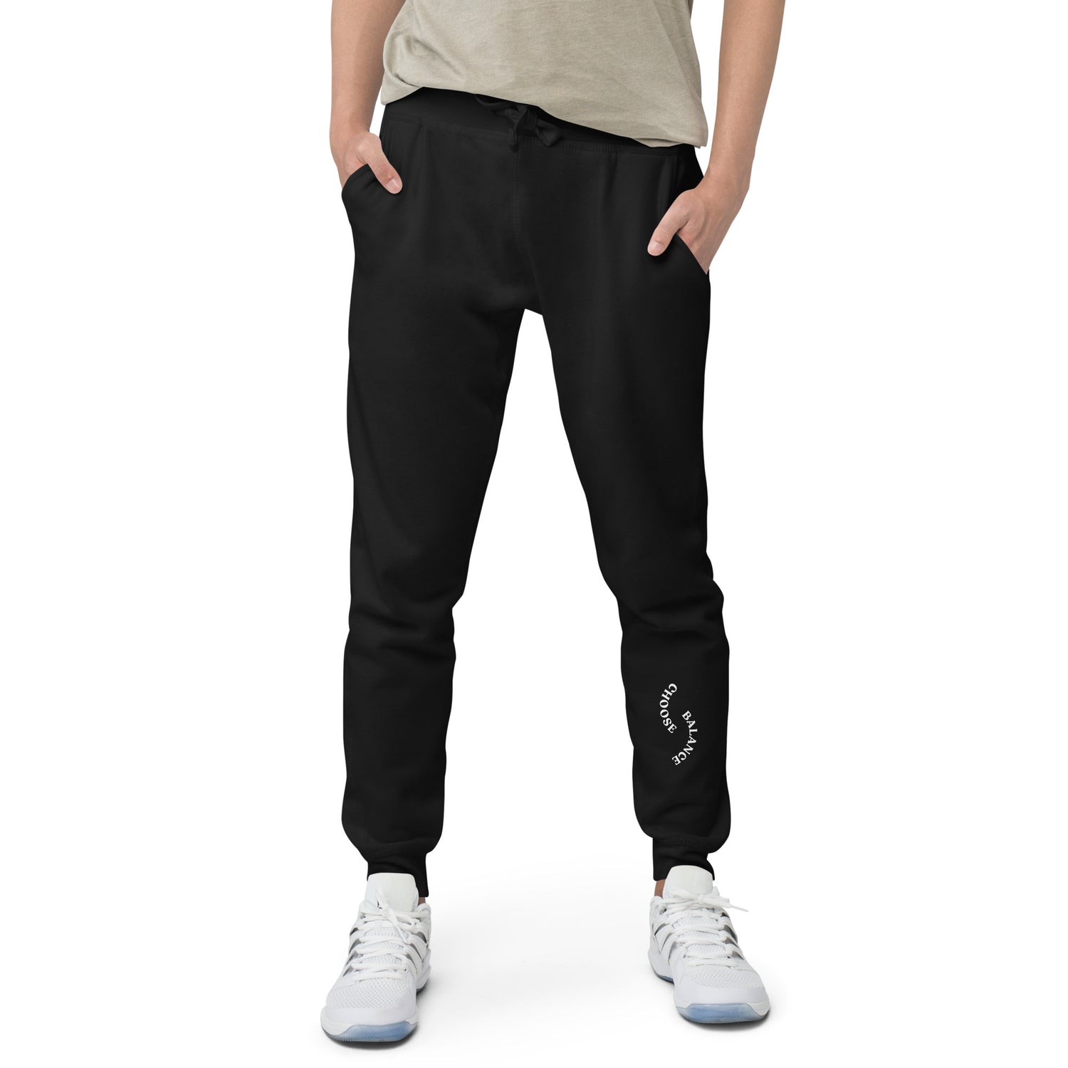 Closeup of Black Sweat pant with "Choose Balance" printed on left lower leg.