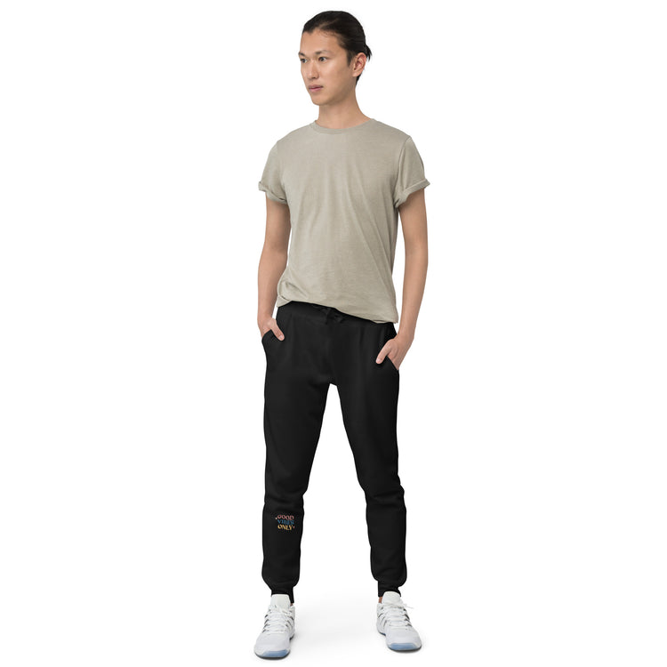 Full Length Black Sweat pant with "Good vibes only" printed on right lower leg.