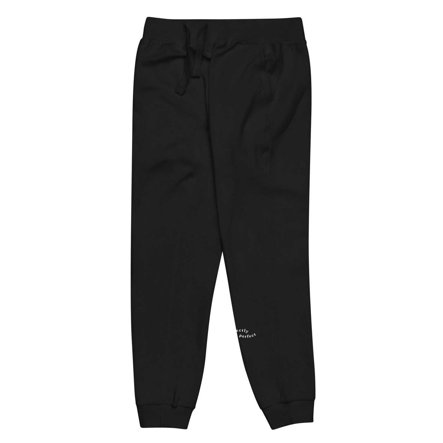 Side of full length Black sweat pant with pockets on side, featuring "Imperfectly perfect" printed on left side lower leg.