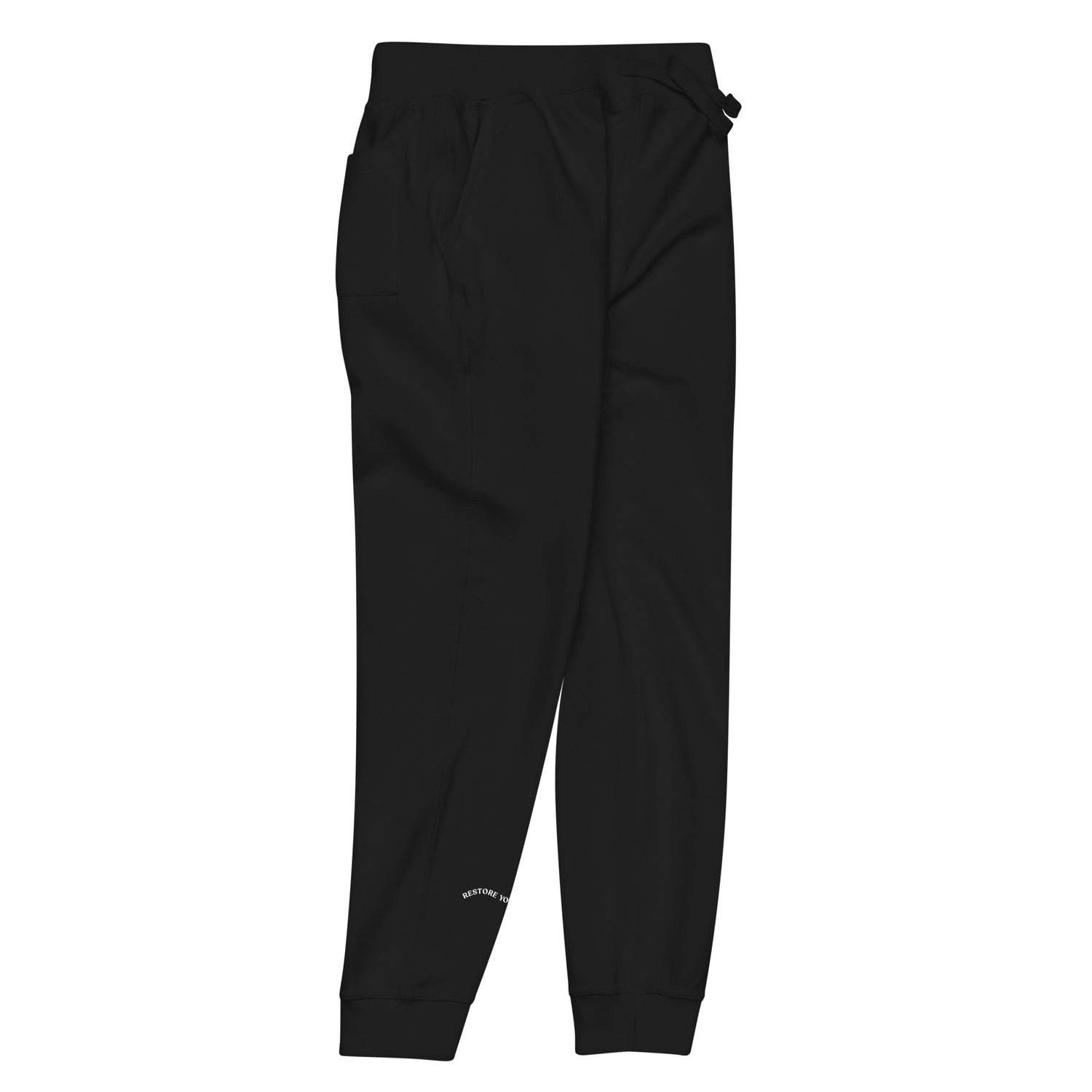 Side of full length black sweat pant with pockets on side and back, featuring "restore yourself" printed on right side lower leg.