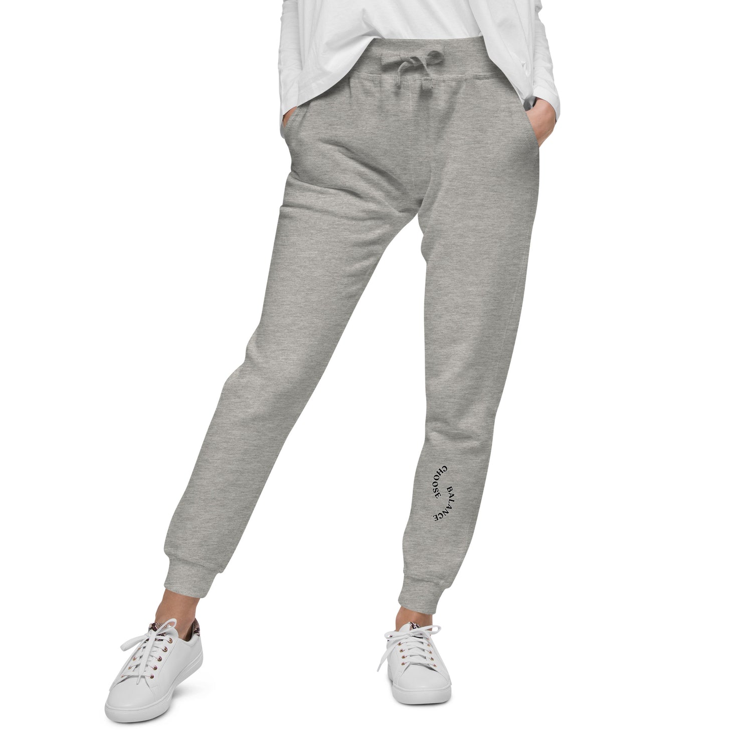 Closeup of Grey Sweat pant with "Choose Balance" printed on left lower leg.