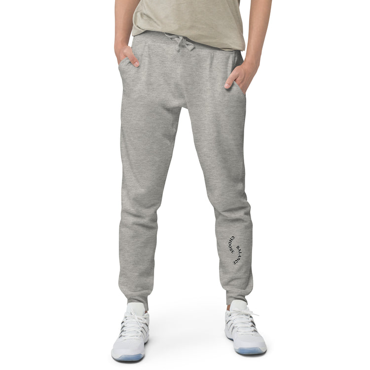 Closeup of Grey Sweat pant with "Choose Balance" printed on left lower leg.