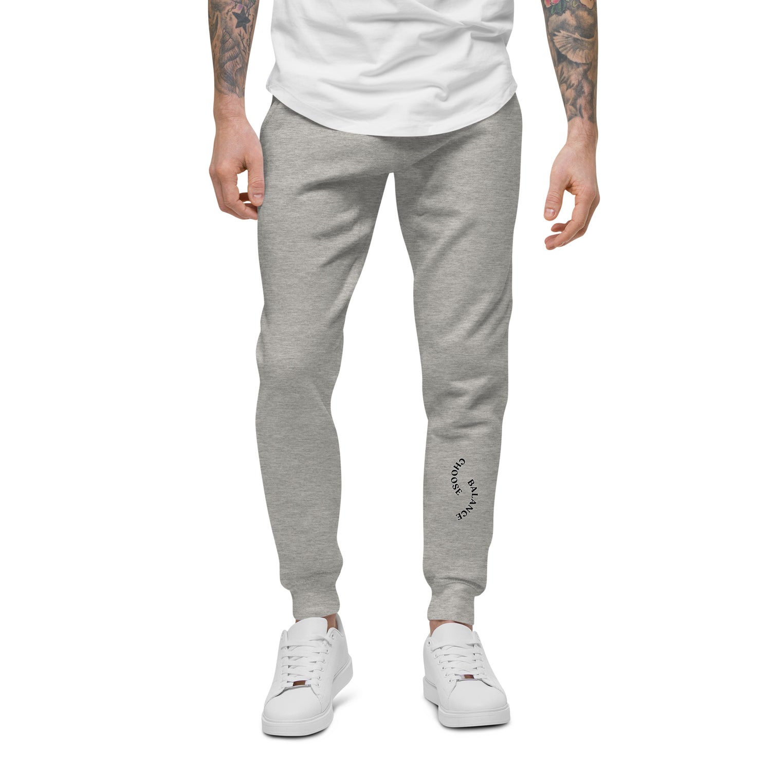 Closeup of Grey Sweat pant with "Choose Balance" printed on left lower leg.
