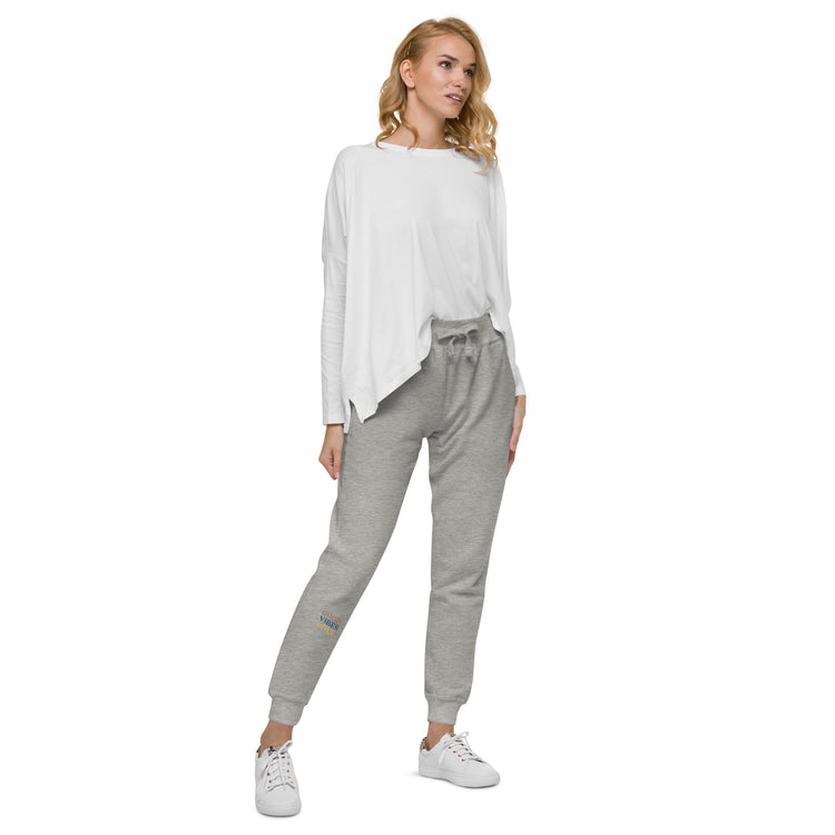 Side of Charcoal Sweat pant with "Good vibes energy" printed on right lower leg.