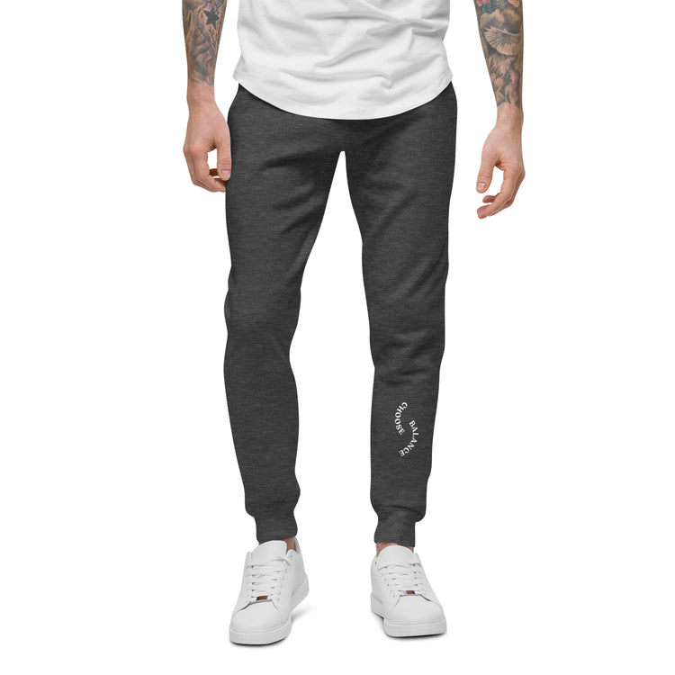 Closeup of Charcoal Sweat pant with "Choose Balance" printed on left lower leg.