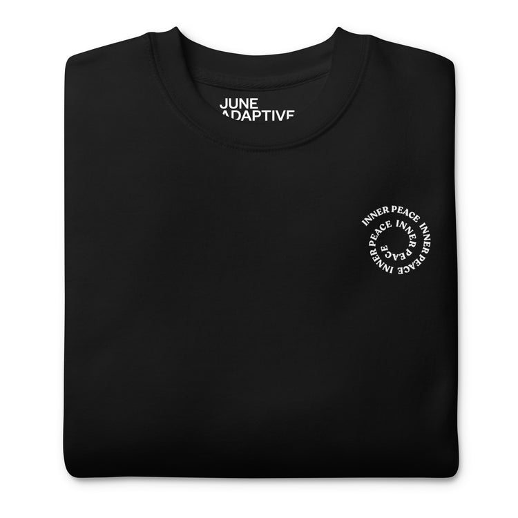 Front closeup of Black Crewneck Sweatshirt that helps with mental health, "Inner Peace".