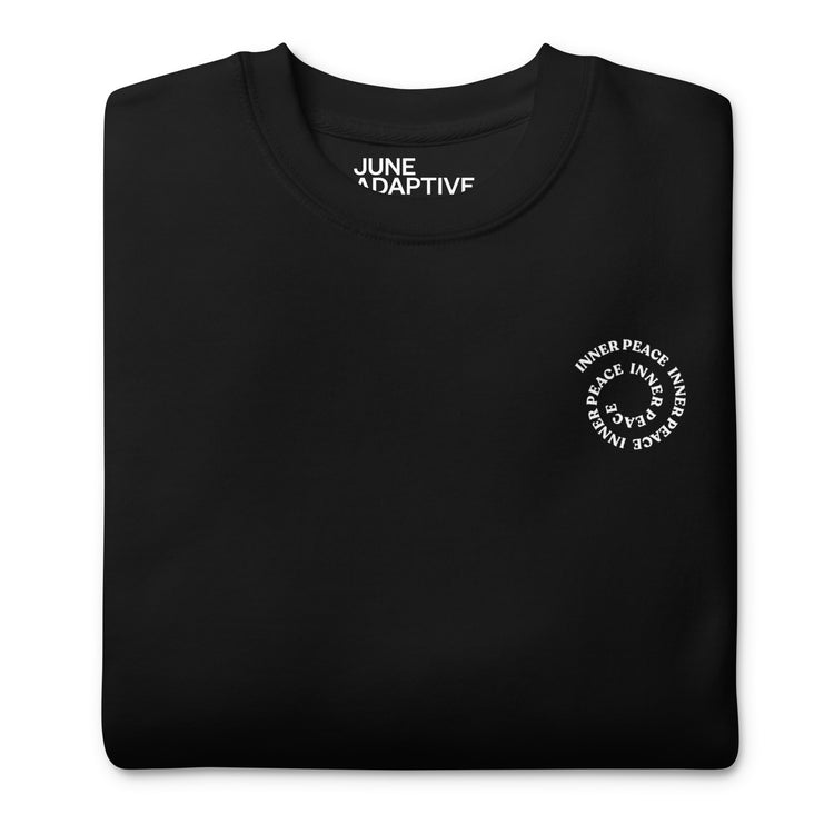 Front closeup of Black Crewneck Sweatshirt that helps with mental health, "Inner Peace".