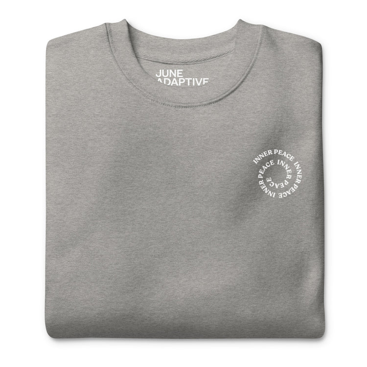 Front closeup of Grey Crewneck Sweatshirt that helps with mental health, "Inner Peace".