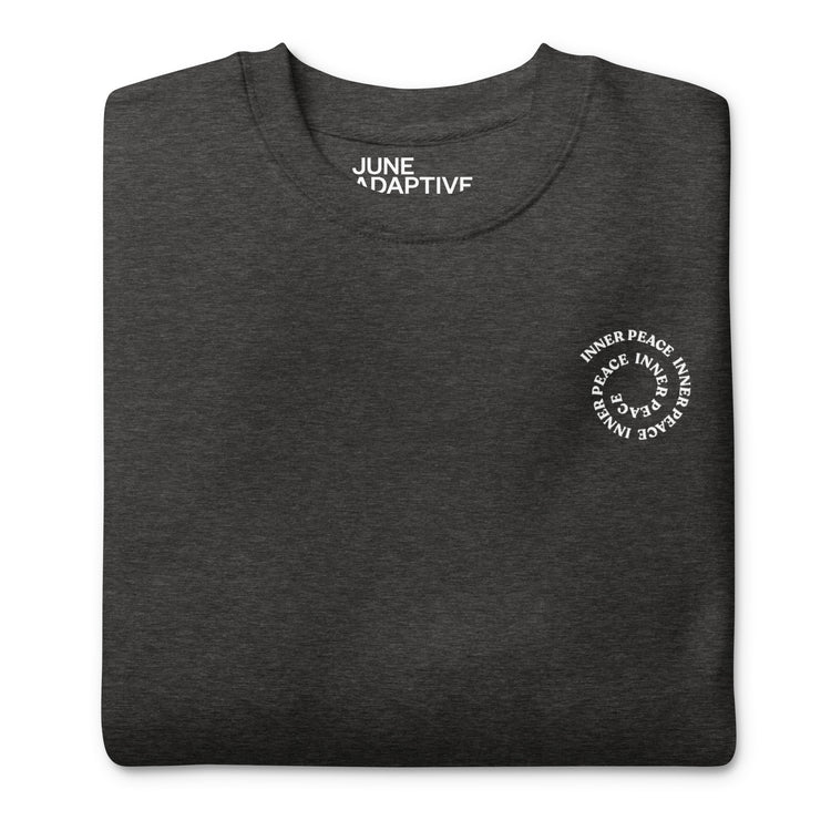Front closeup of Charcoal Crewneck Sweatshirt that helps with mental health, "Inner Peace".