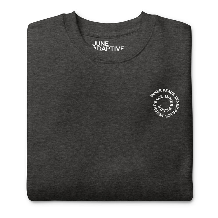 Front closeup of Charcoal Crewneck Sweatshirt that helps with mental health, "Inner Peace".