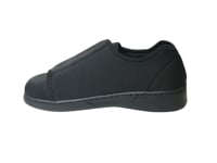 Side of the extra wide black shoes with huge Velcro closures and removable rubber insoles 