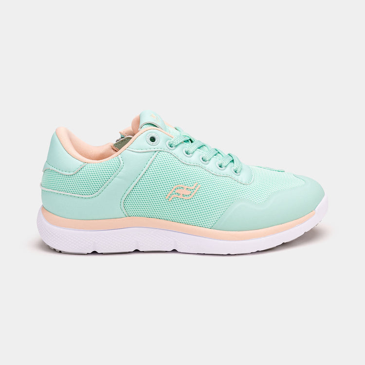 Mint women's shoe with white bottom, peach accents, and rear zipper access.