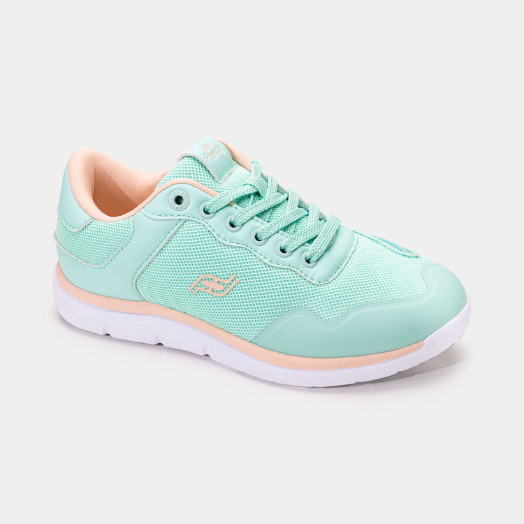 Mint women's shoe with white bottom, peach accents, and rear zipper access.