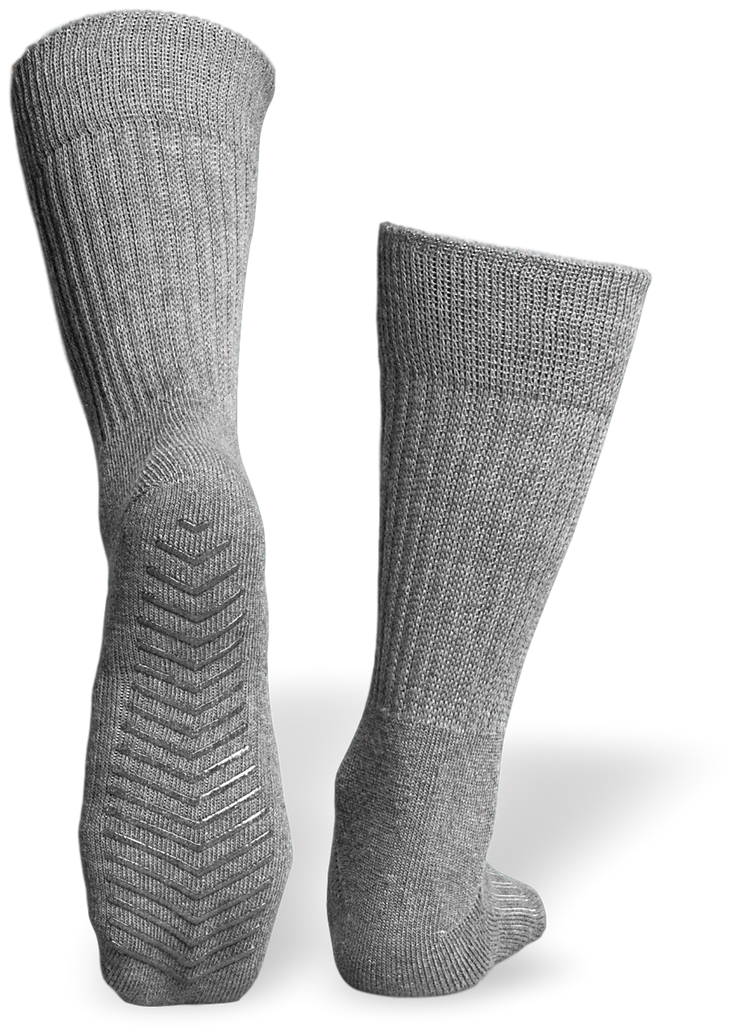 Grey anti slip calf height socks with seamless toe design.