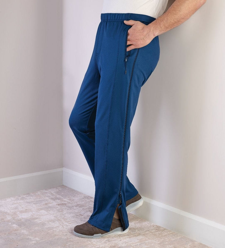 Blue pants with zippers on the pocket and side, with elastic waist
