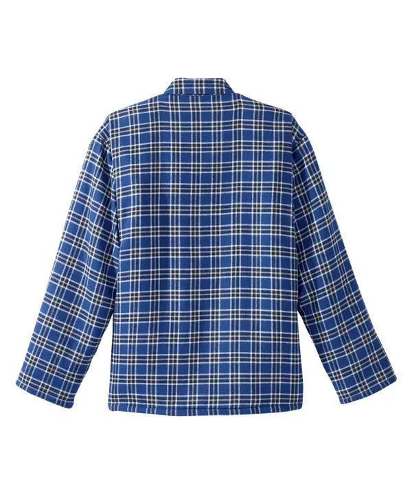 mens mid blue plaid sherpa lined jacket with magnetic buttons