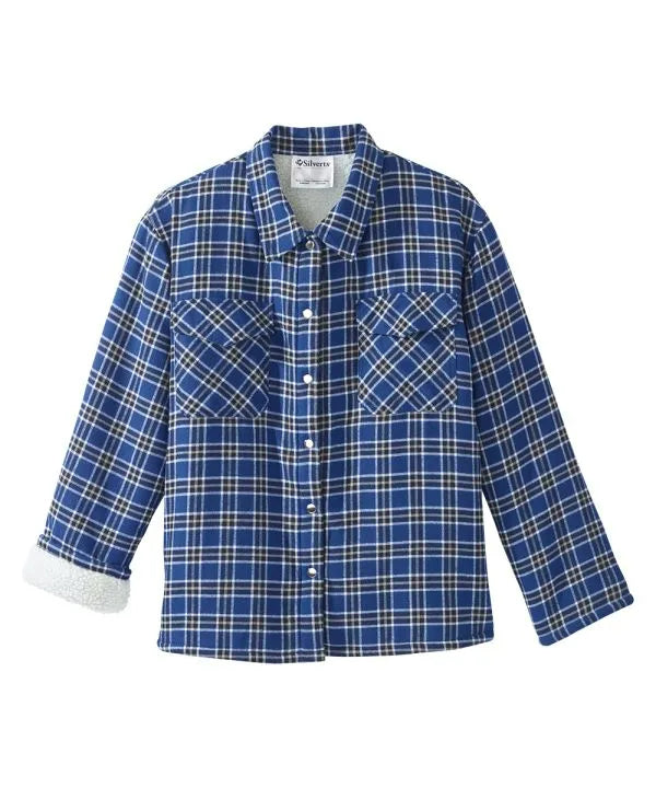 mens mid blue plaid sherpa lined jacket with magnetic buttons