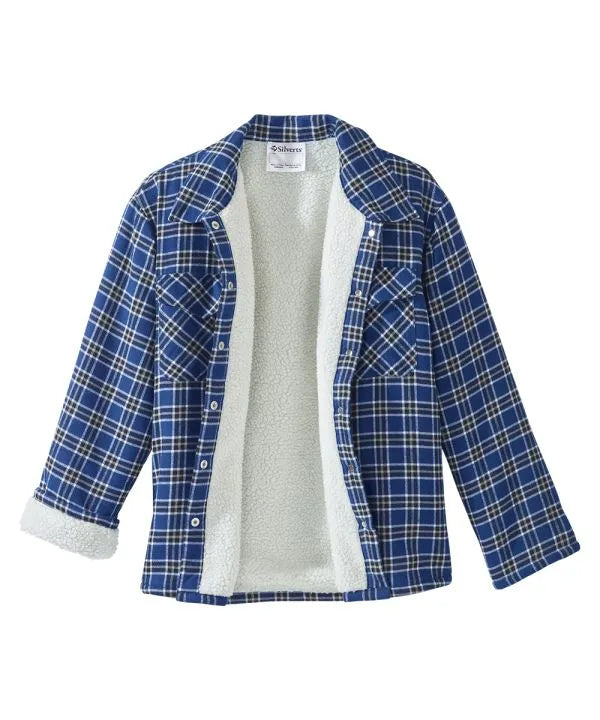 mens mid blue plaid sherpa lined jacket with magnetic buttons