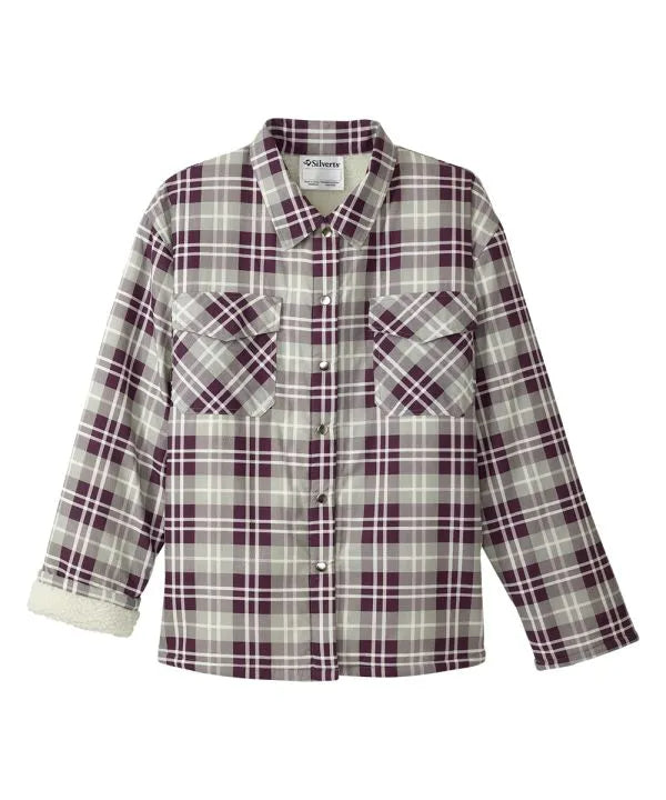 mens wine plaid sherpa lined jacket with magnetic buttons