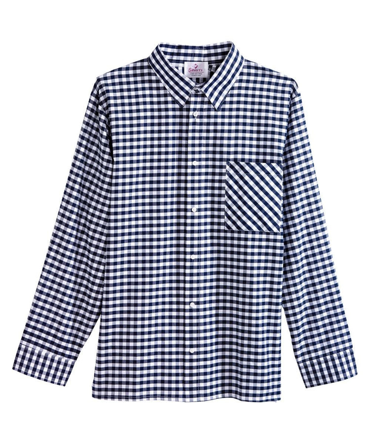 Men's blue checked button down shirt with magnetic closures