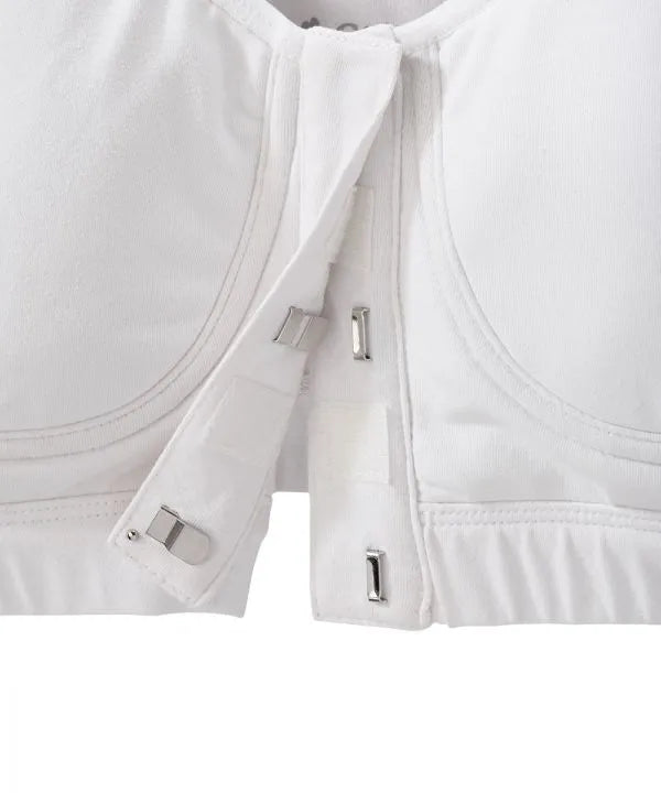 White bra with front open hooks close-up view