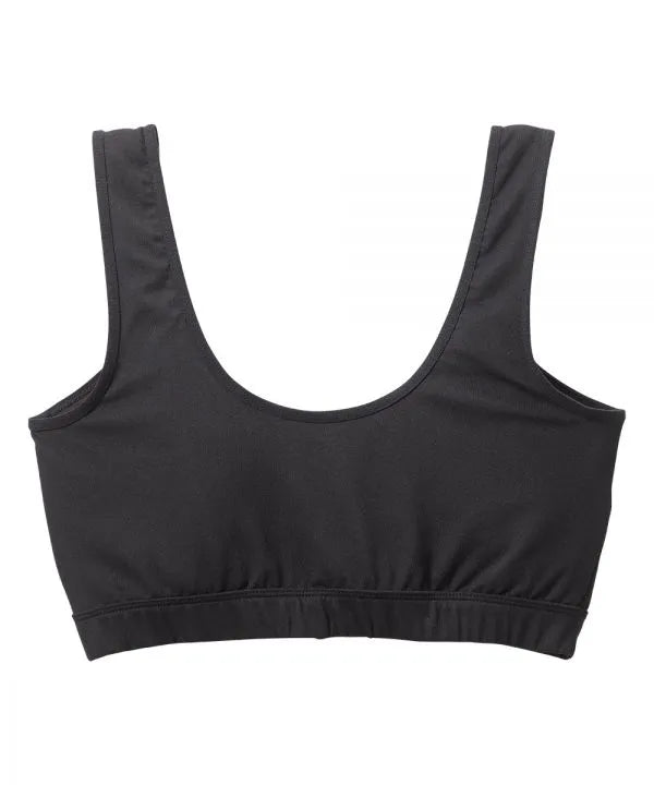 Black bra with front open hooks, back view