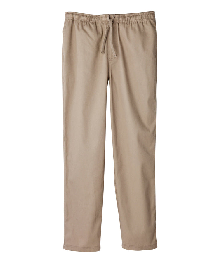 Men’s full length light brown cotton pants with elastic waist and drawstring at front