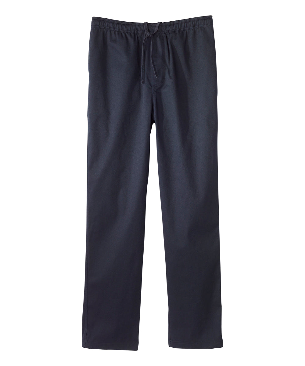 Men’s full length navy cotton pants with elastic waist and drawstring at front