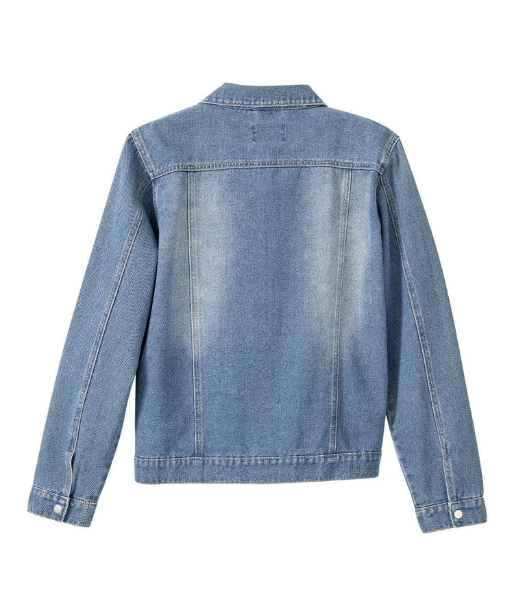 Back of light blue denim jacket with magnetic silver buttons an areas of faded denim