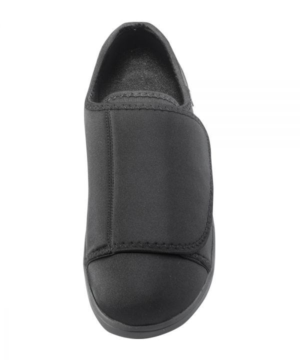 Front of men’s soft flexible extra wide Black shoes with large Velcro closure at front